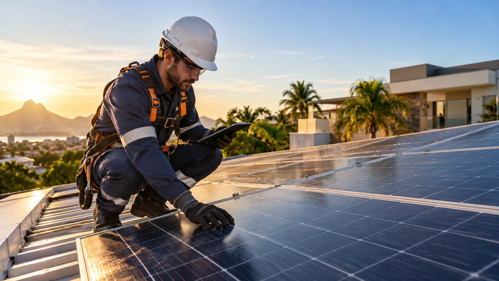 Técnico inspecionando painéis solares em um telhado